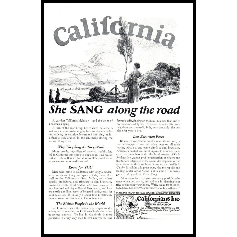 1924 Californians Life in California Vintage Print Ad Woman Rolling Fields Art